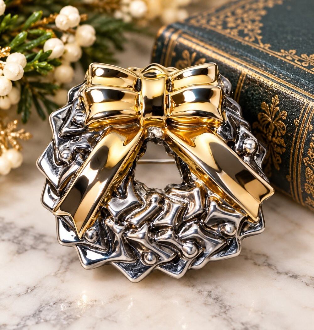Vintage Silver Plated Gold Tone Wreath Bow Brooch Christmas Holiday Pin
